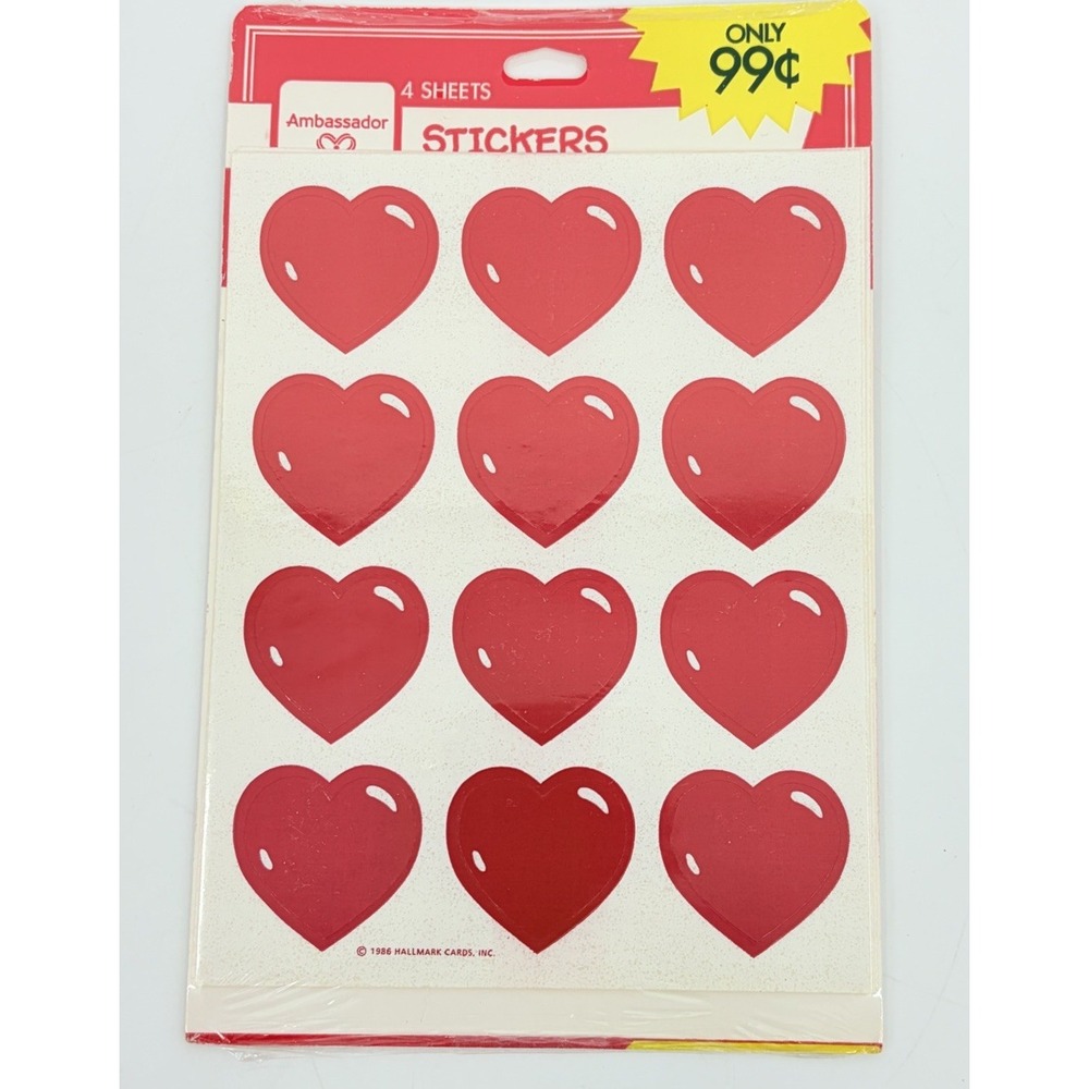 Vintage Hallmark Ambassador Red Heart Stickers 4 Sheets Valentines Sealed Pkg